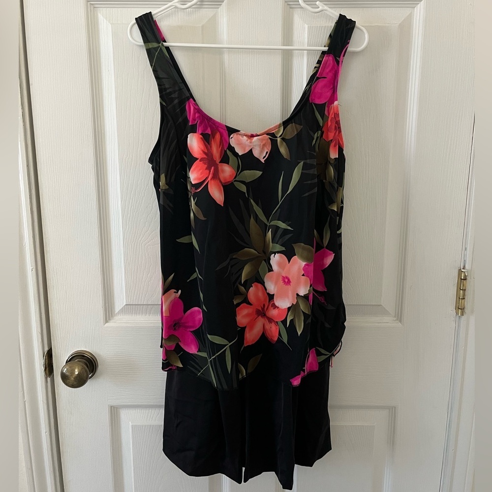 Cove Black and Pink Floral Swimsuit with Skirt